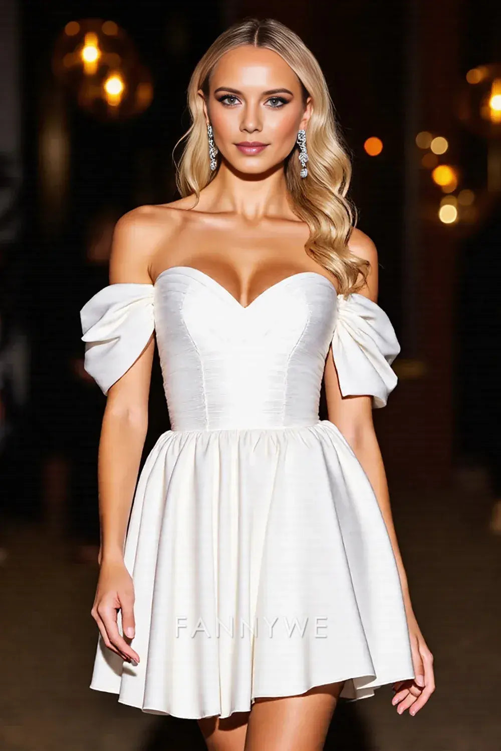 FannyWe Elegant White Satin A Line Off the Shoulder Short Homecoming Dress with Ruffles